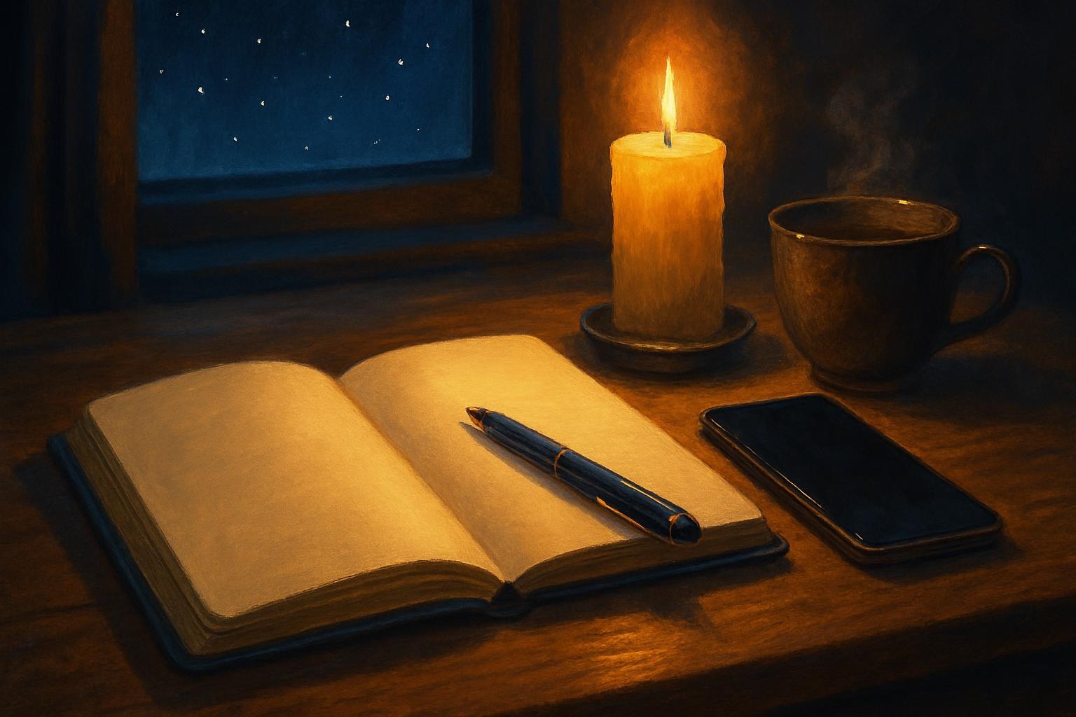 Offenes Notizbuch mit Stift und Smartphone auf einem Tisch im warmen Licht