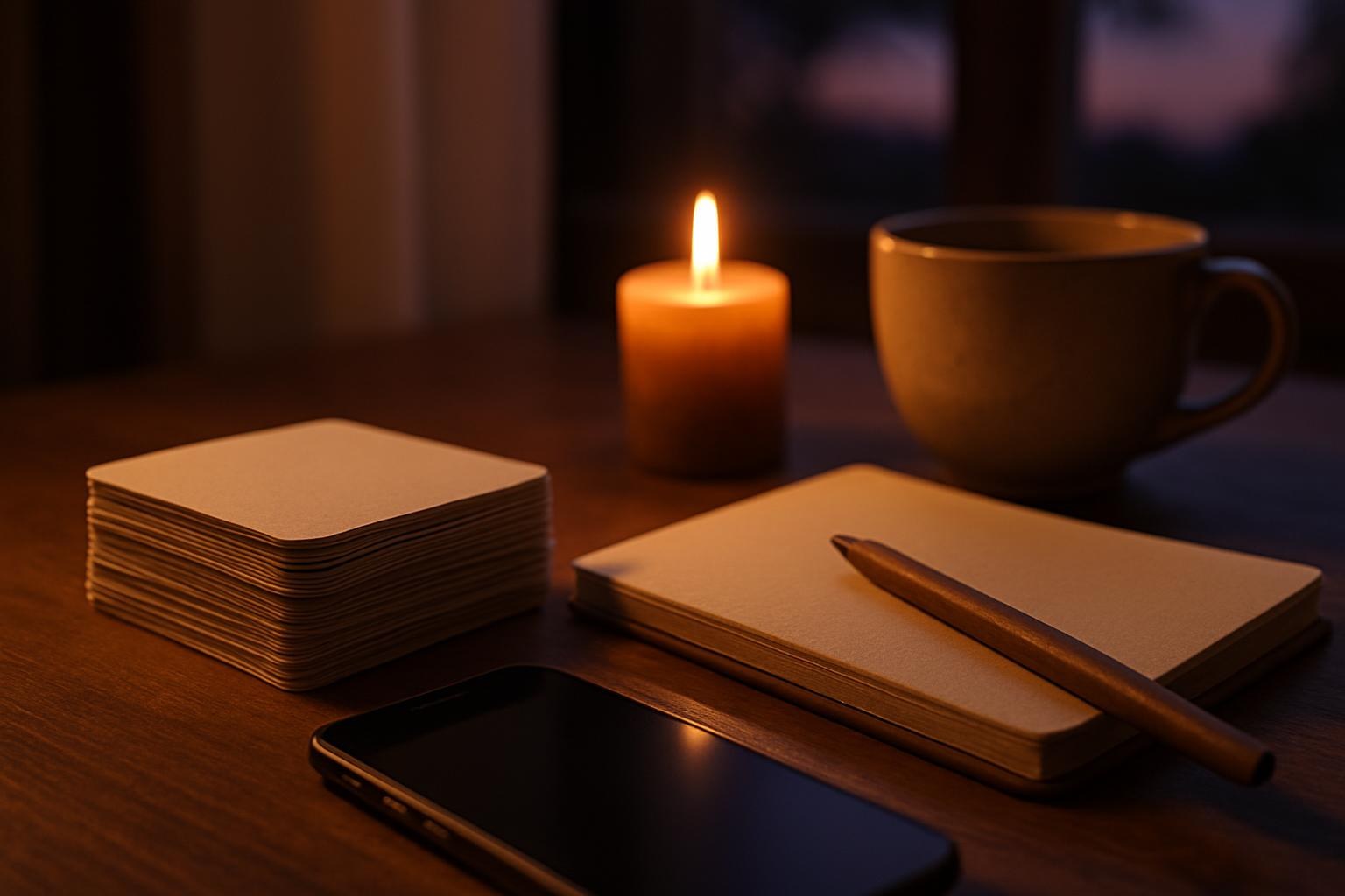 Verdeckter Kartenstapel neben aufgeschlagenem Notizbuch und Stift auf hellem Tisch